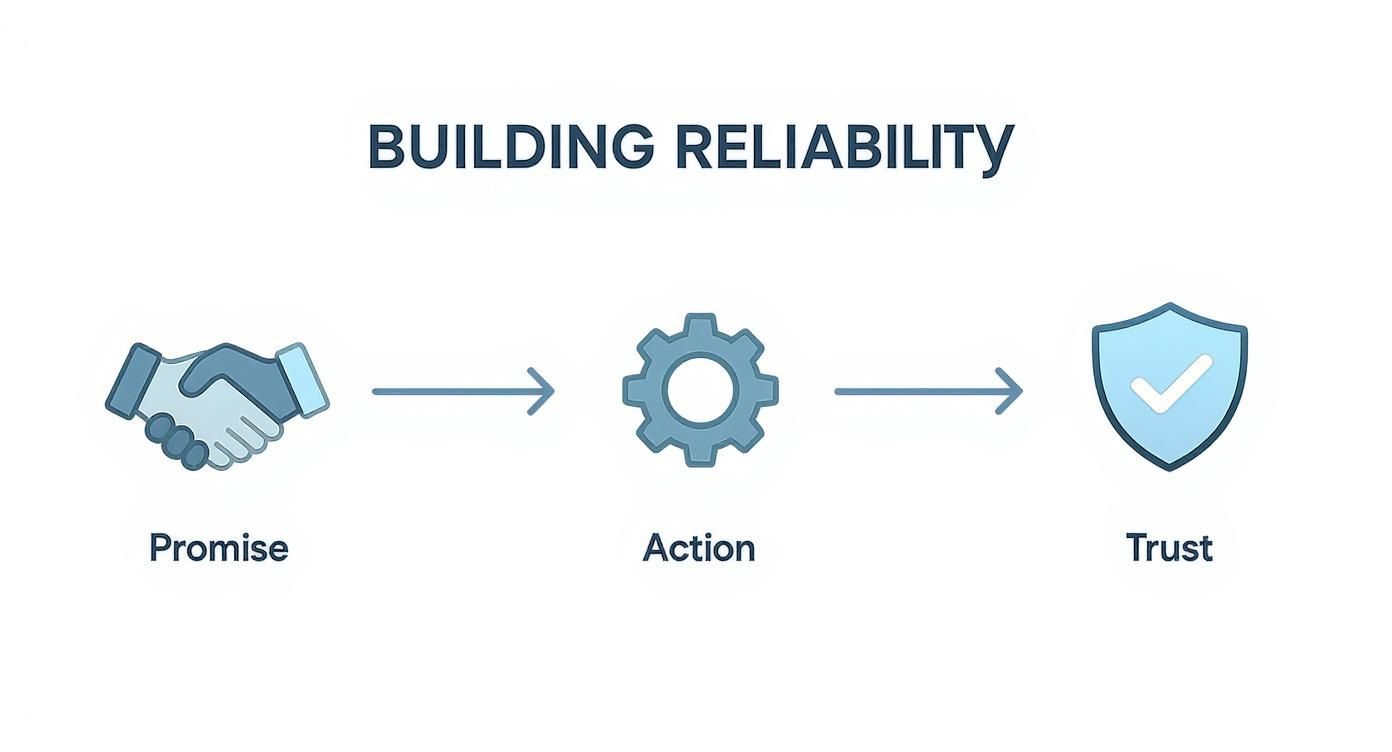 Diagram illustrating how reliability is built through promise, action, and resulting in trust.