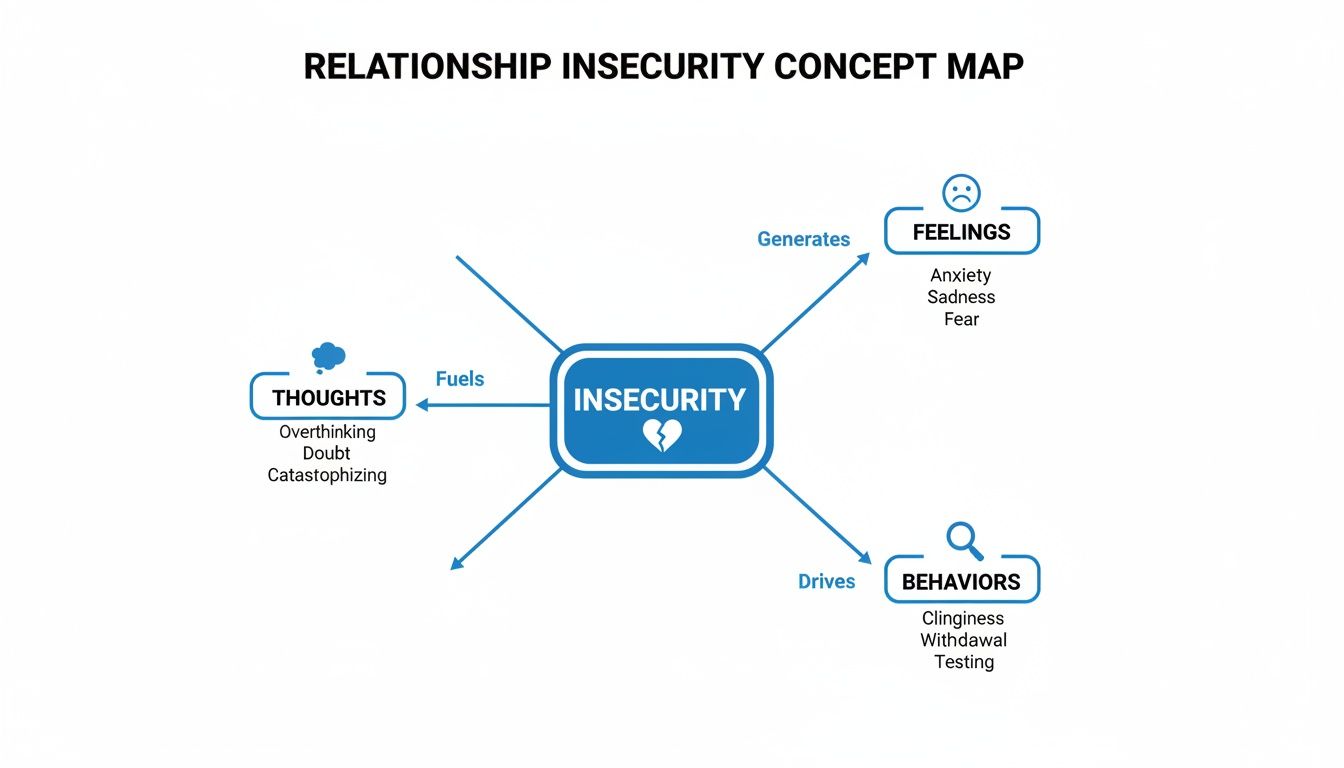 Concept map illustrating relationship insecurity, showing how it connects with thoughts, feelings, and behaviors.