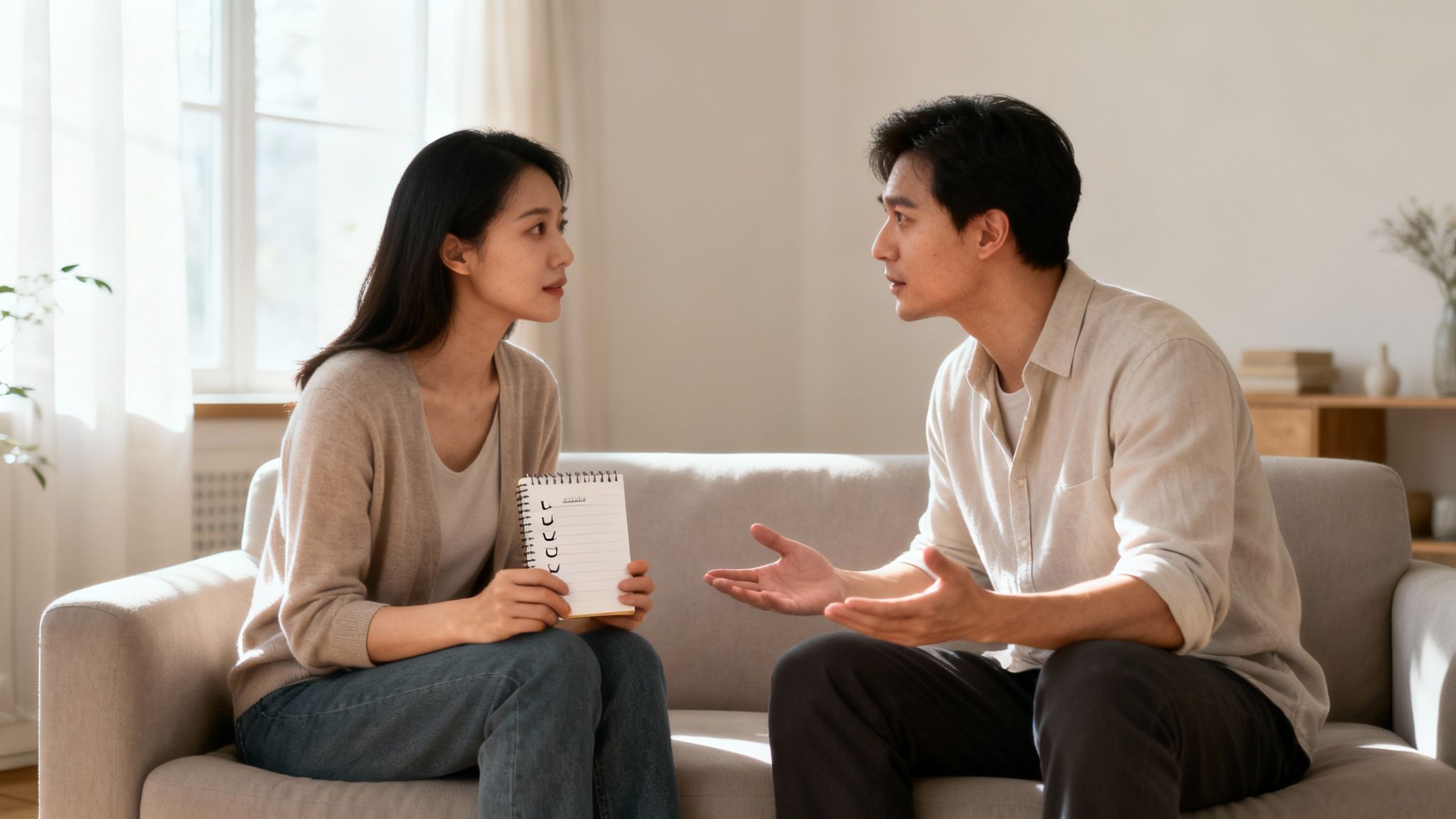 A young Asian couple sits on a couch, talking intensely. The woman holds a checklist notebook.