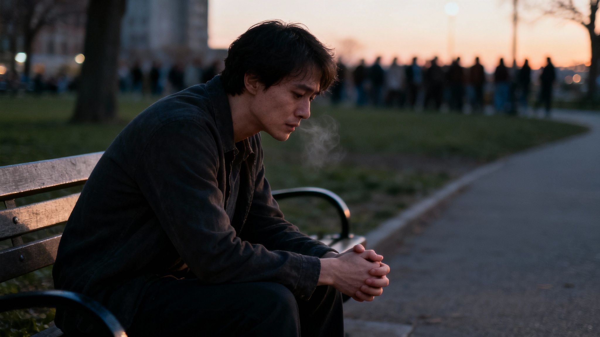 A person sitting alone on a bench, looking thoughtful and slightly withdrawn, with a blurred background of a park.