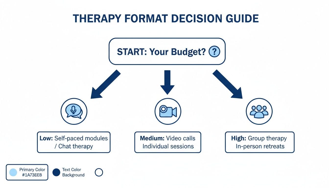 A therapy format decision guide flow chart showing options based on budget: low, medium, and high.