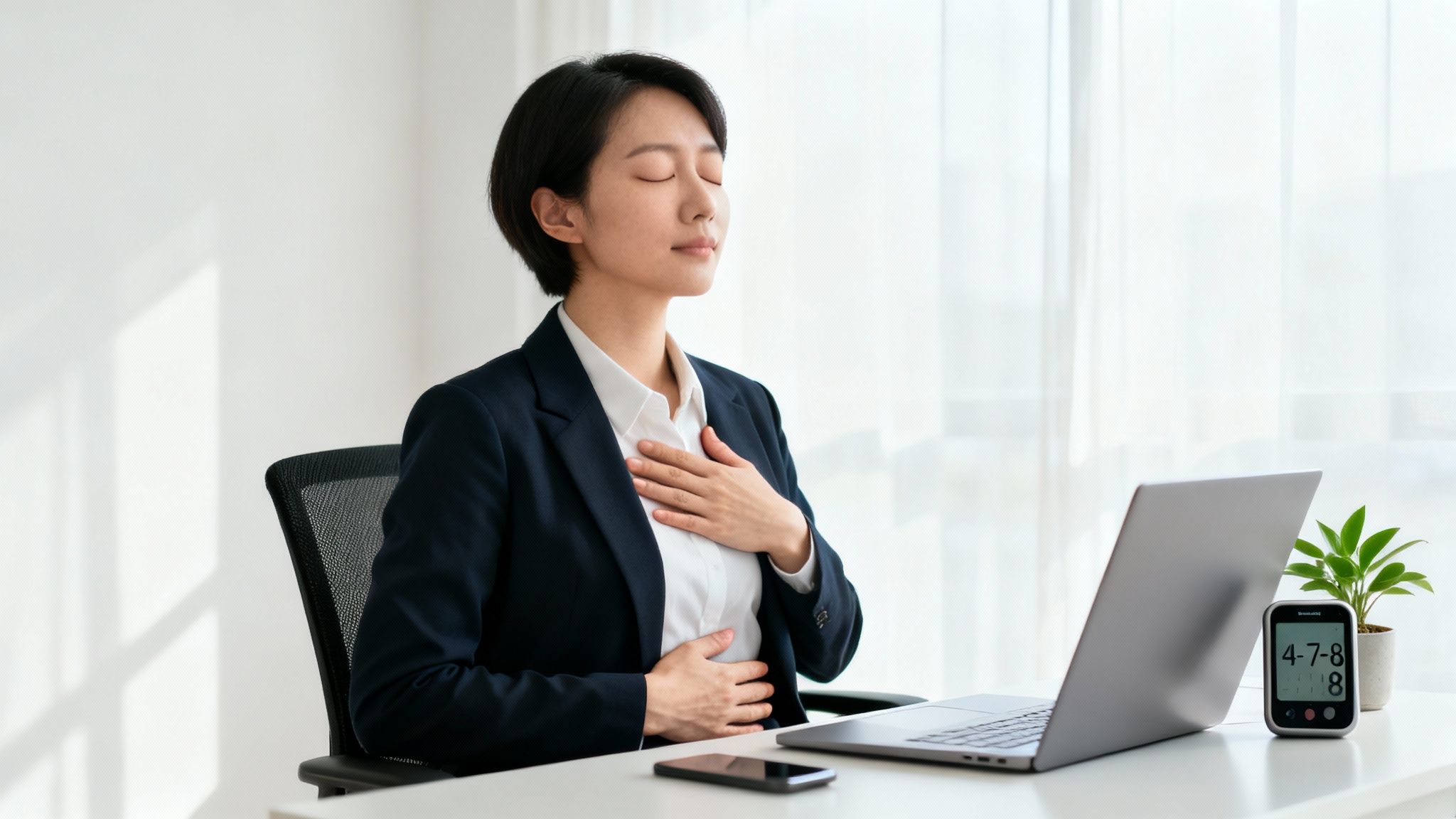Asian businesswoman meditating at her office desk, practicing stress relief with deep breathing.