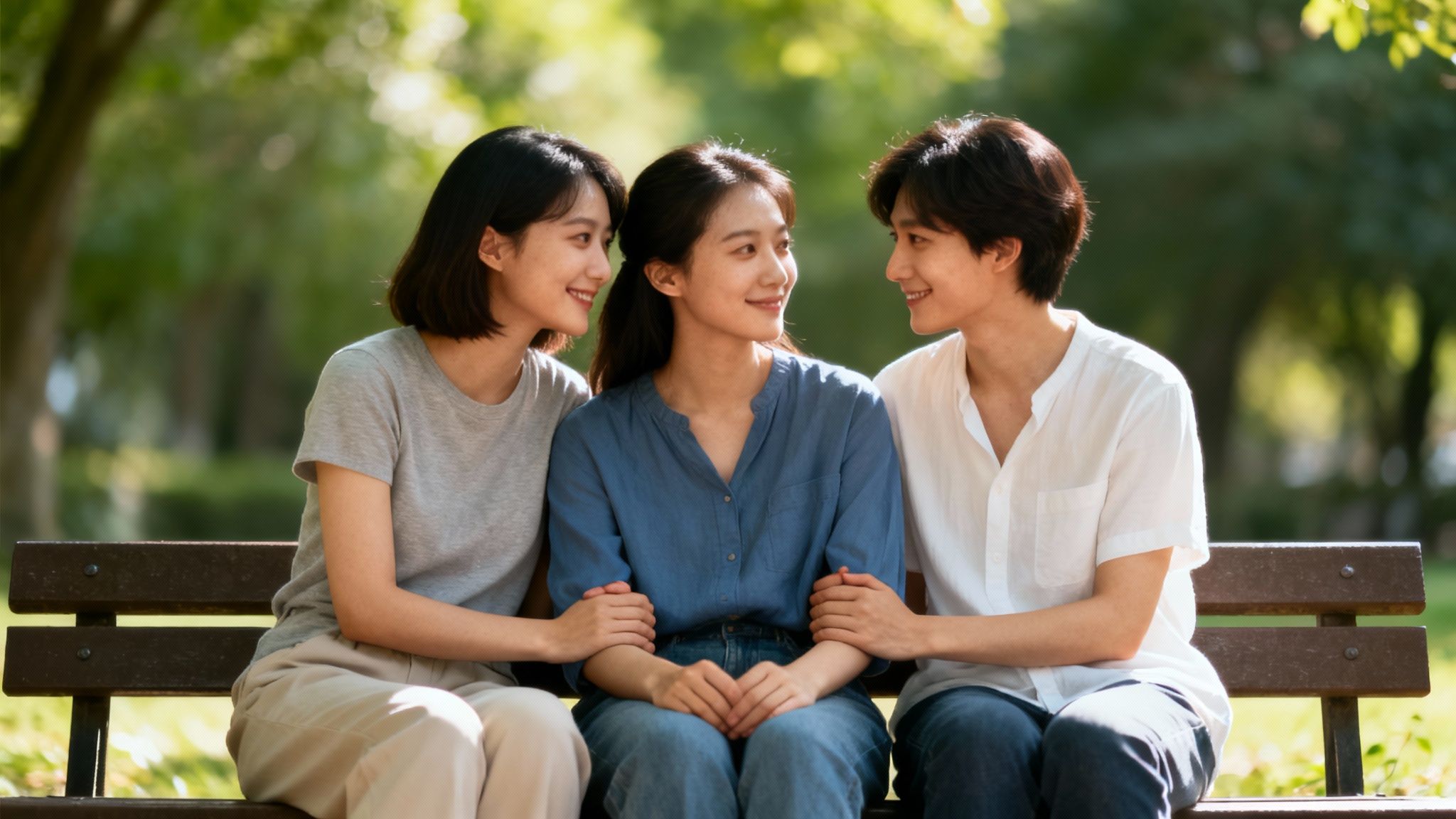 Three smiling young Asian people, two women and one man, sitting closely on a park bench, looking at each other.