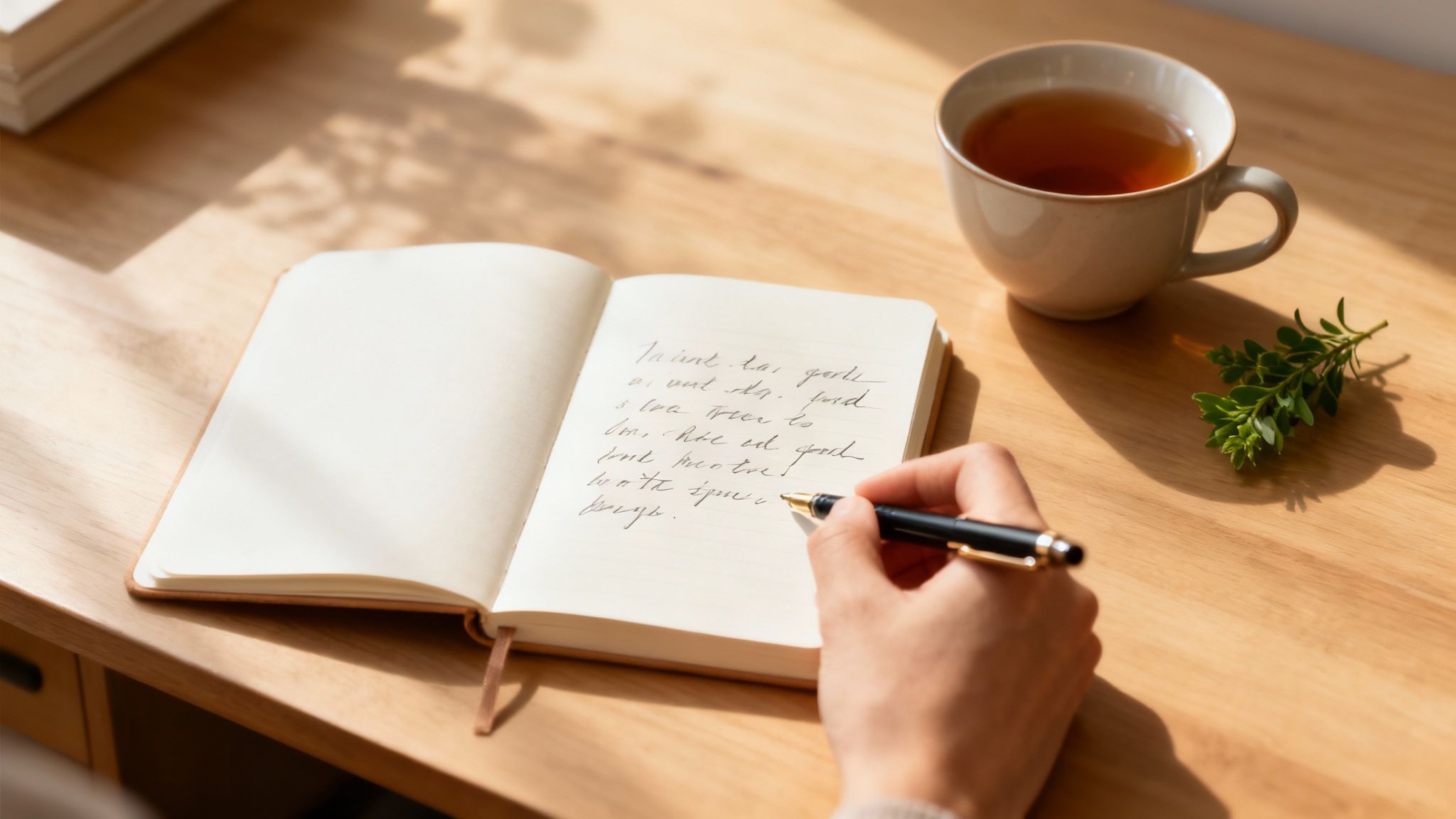 A person writing in a journal with a cup of tea nearby, in a cozy, well-lit setting.