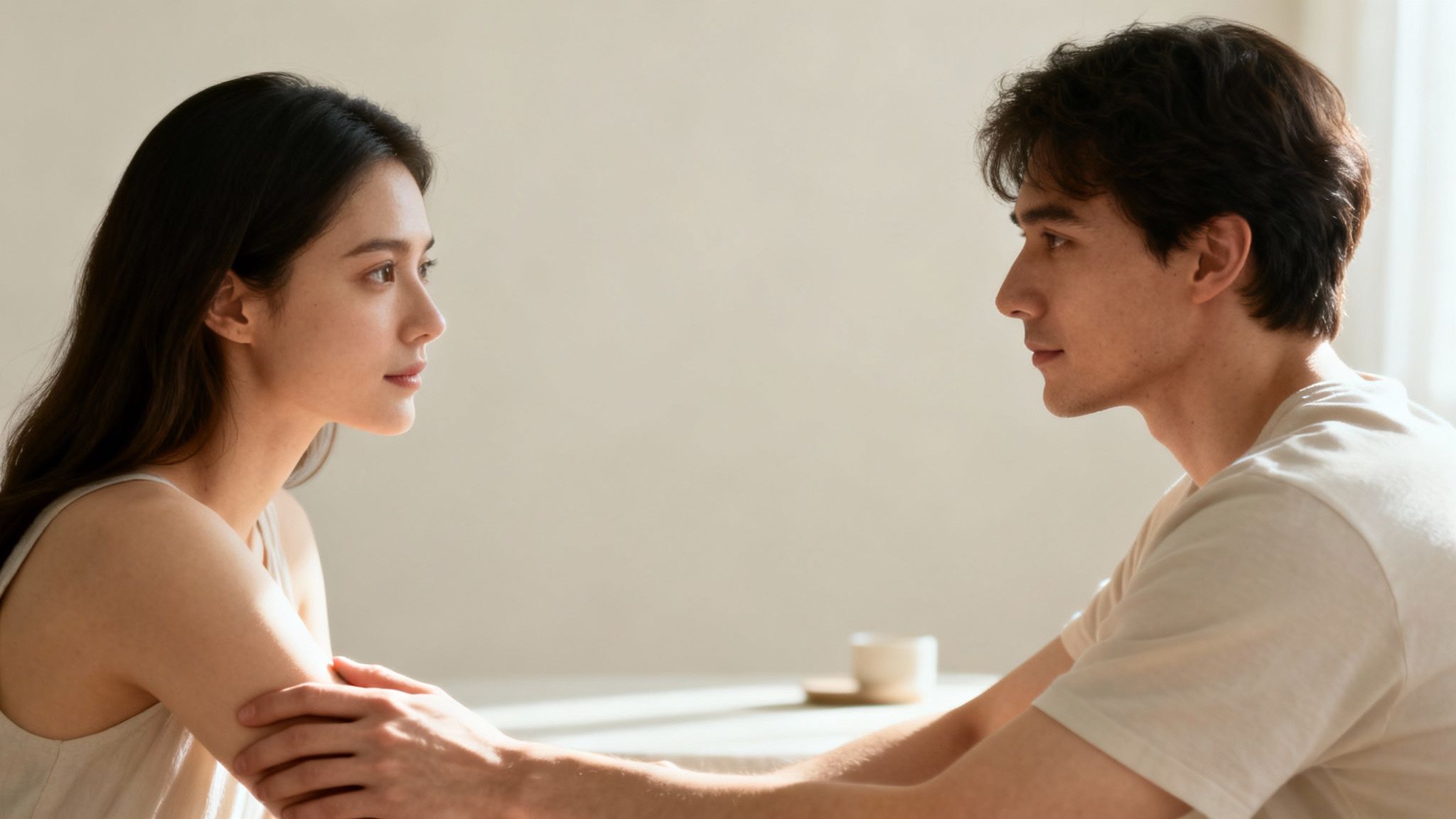 A young couple in soft light, holding arms and gazing intently at each other.