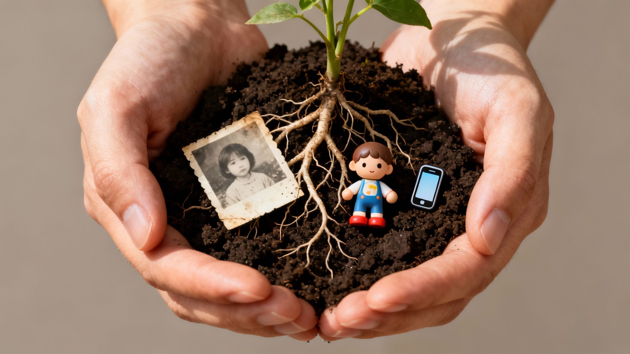 Hands cradle a young plant, old photo, boy figurine, and phone in soil, symbolizing roots and growth.