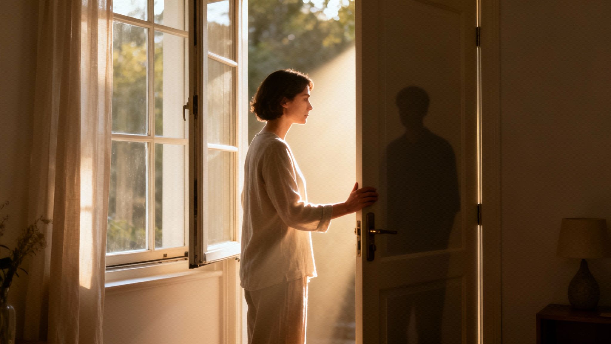 A woman stands by an open door, bathed in warm morning sunlight, looking outside.