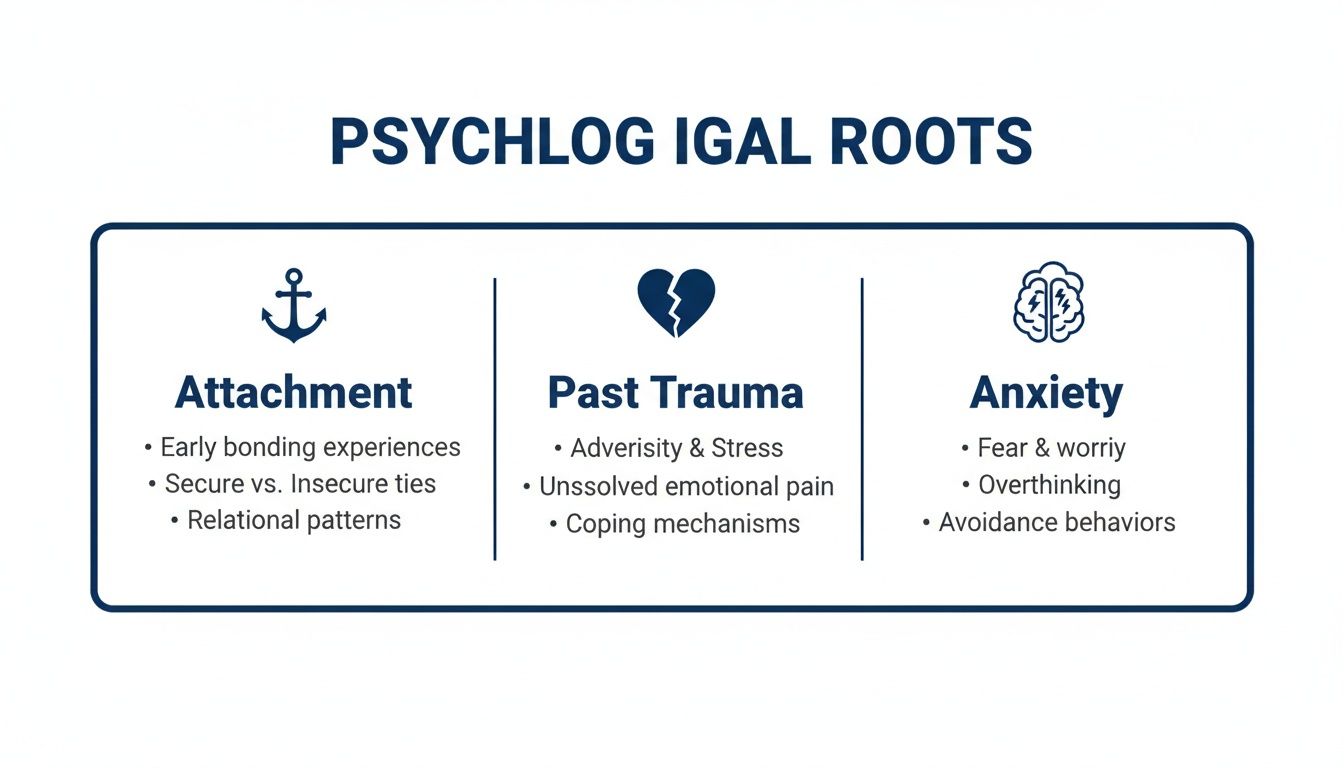 Infographic illustrating psychological roots like attachment, past trauma, and anxiety and their factors.