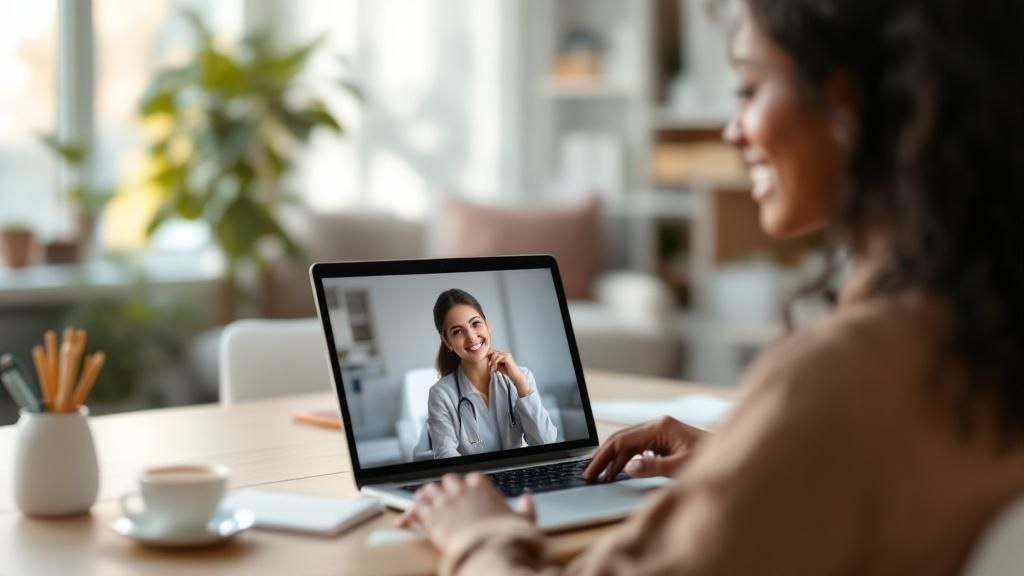 A person sitting comfortably at home and using a laptop for an online therapy session, looking calm and engaged.