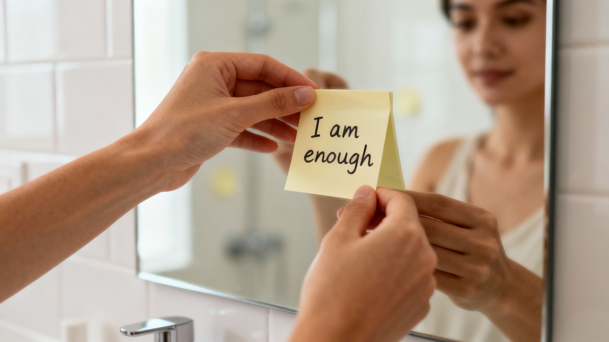 A person calmly practising mindfulness, symbolizing the process of rewiring negative thoughts.