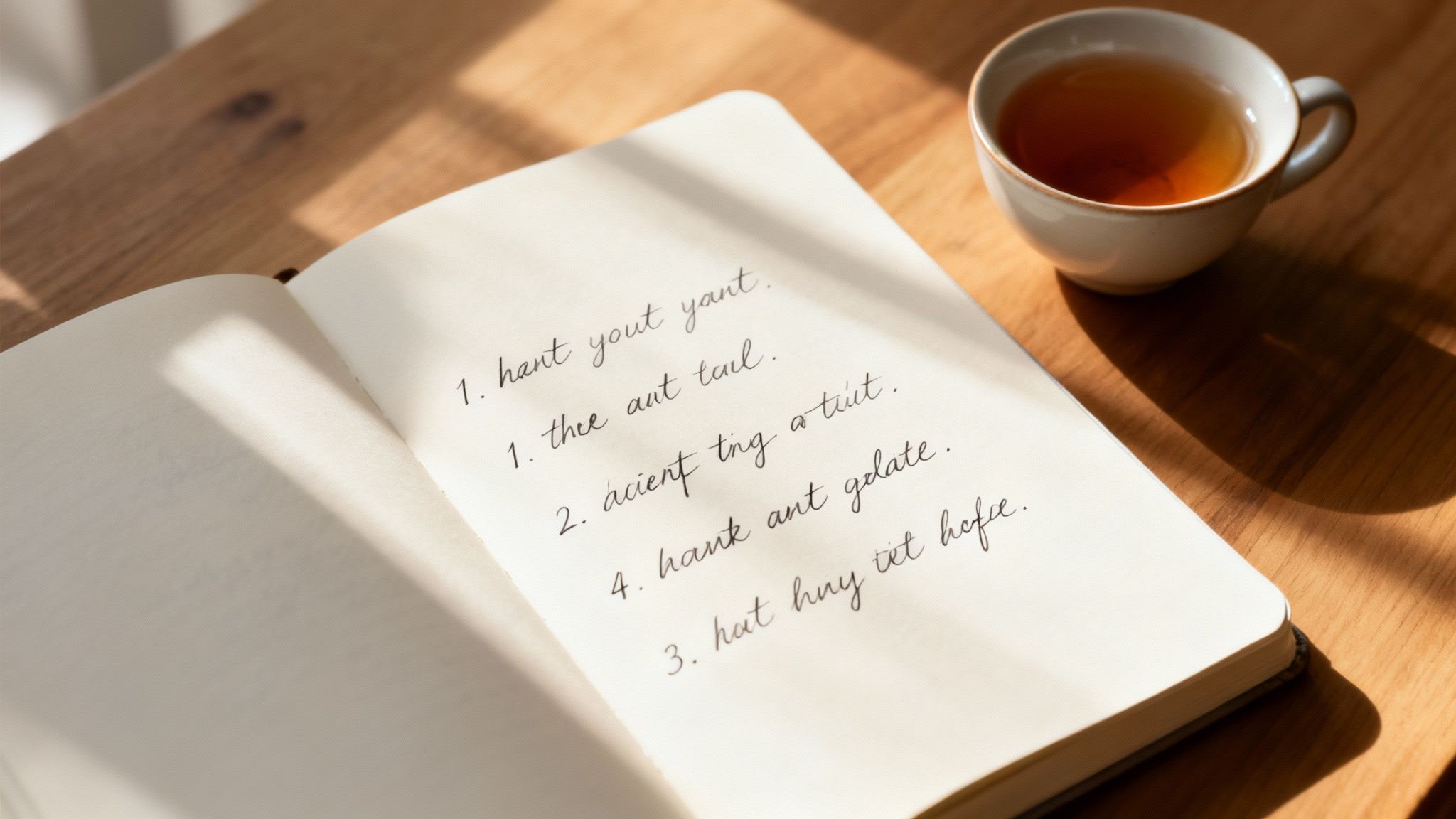 An open notebook with handwritten text and a cup of tea on a wooden table with sunlight.