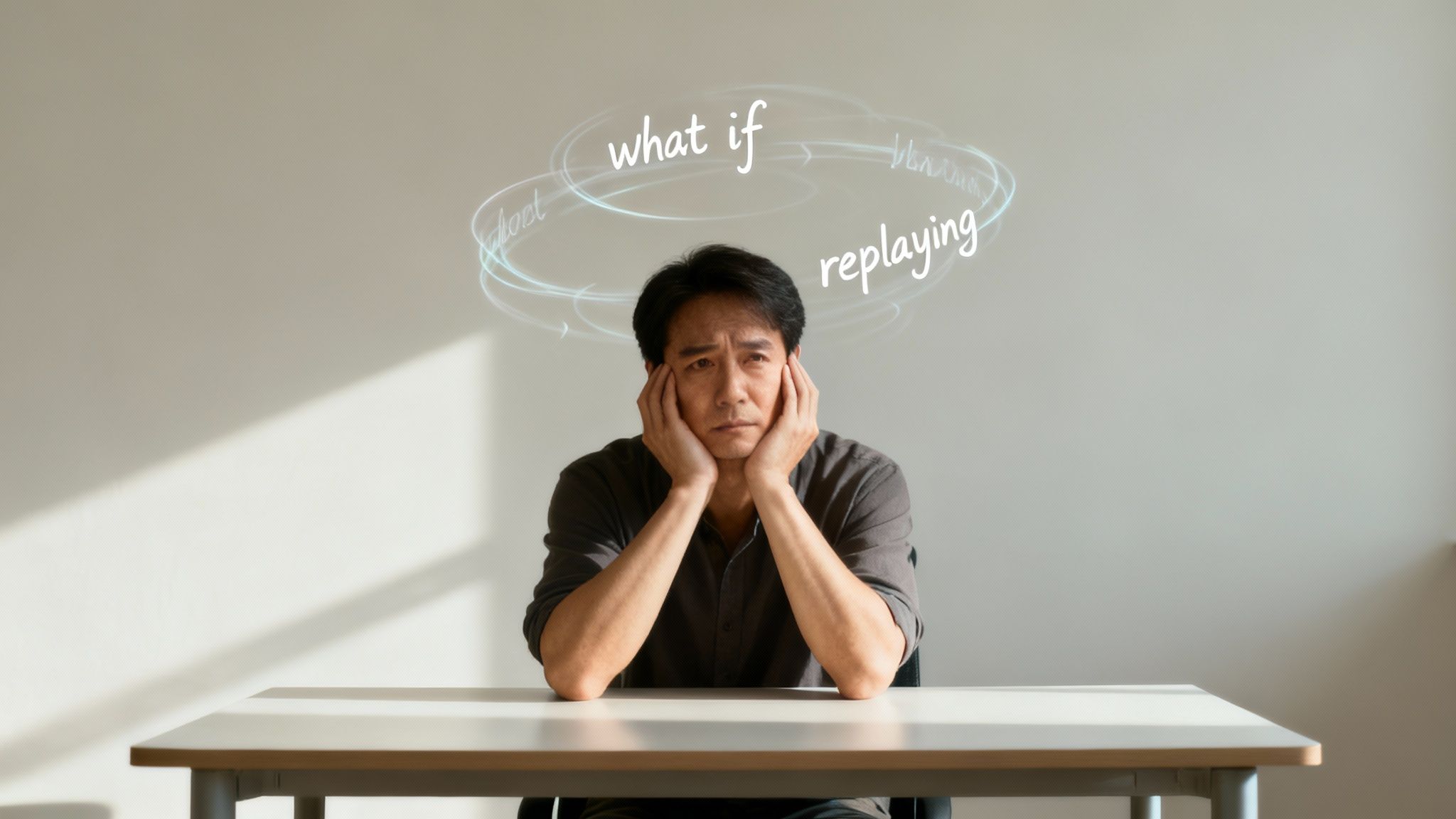 A person sitting calmly on a windowsill, looking out over a city at dusk, representing a moment of quiet reflection.