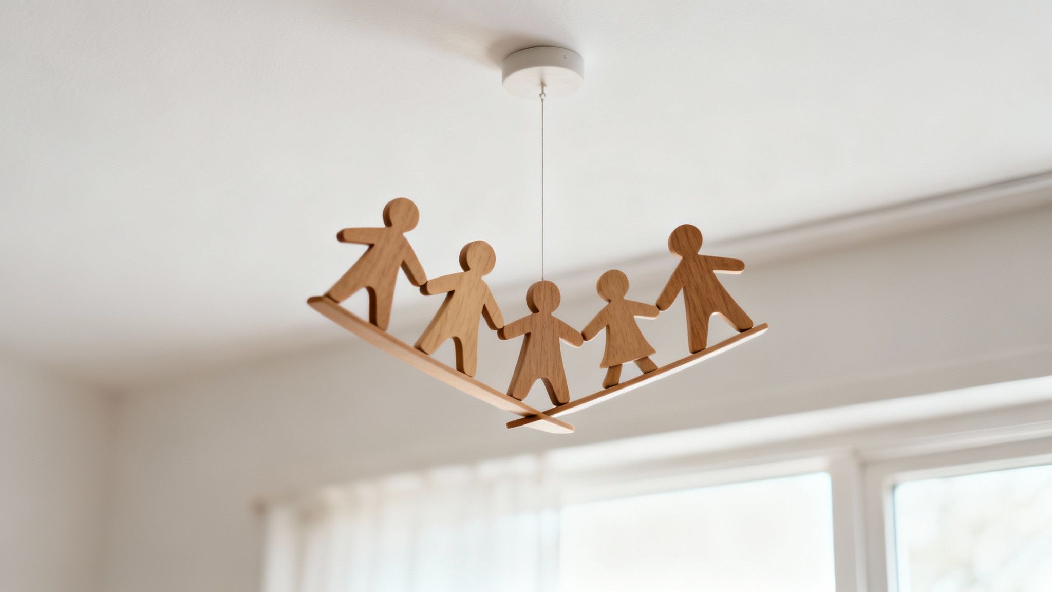 A wooden mobile of five interconnected human figures, suspended from a white ceiling, symbolizing family.