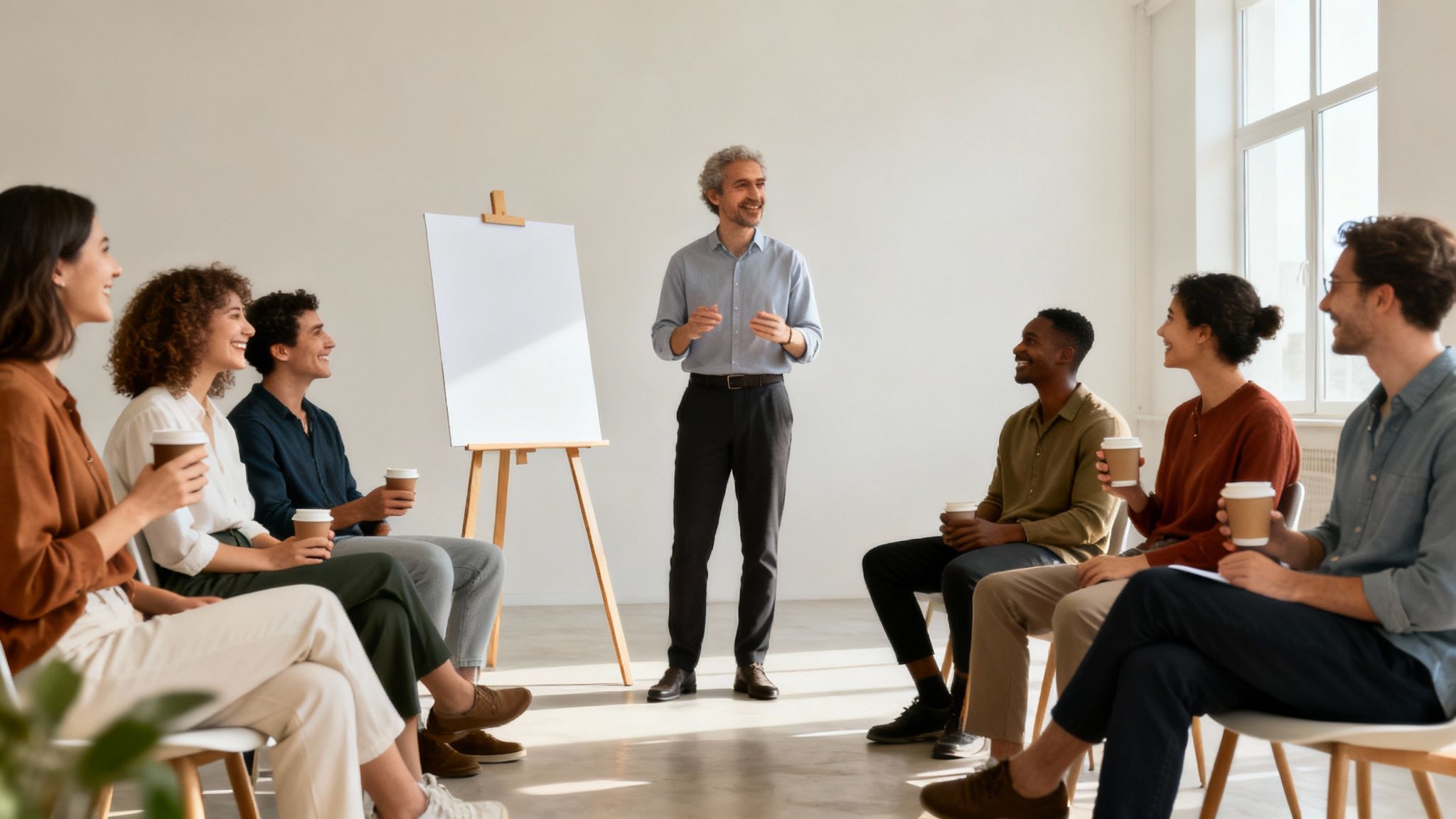 Diverse corporate employees attend a wellness workshop, listening to a male speaker, holding coffee cups.