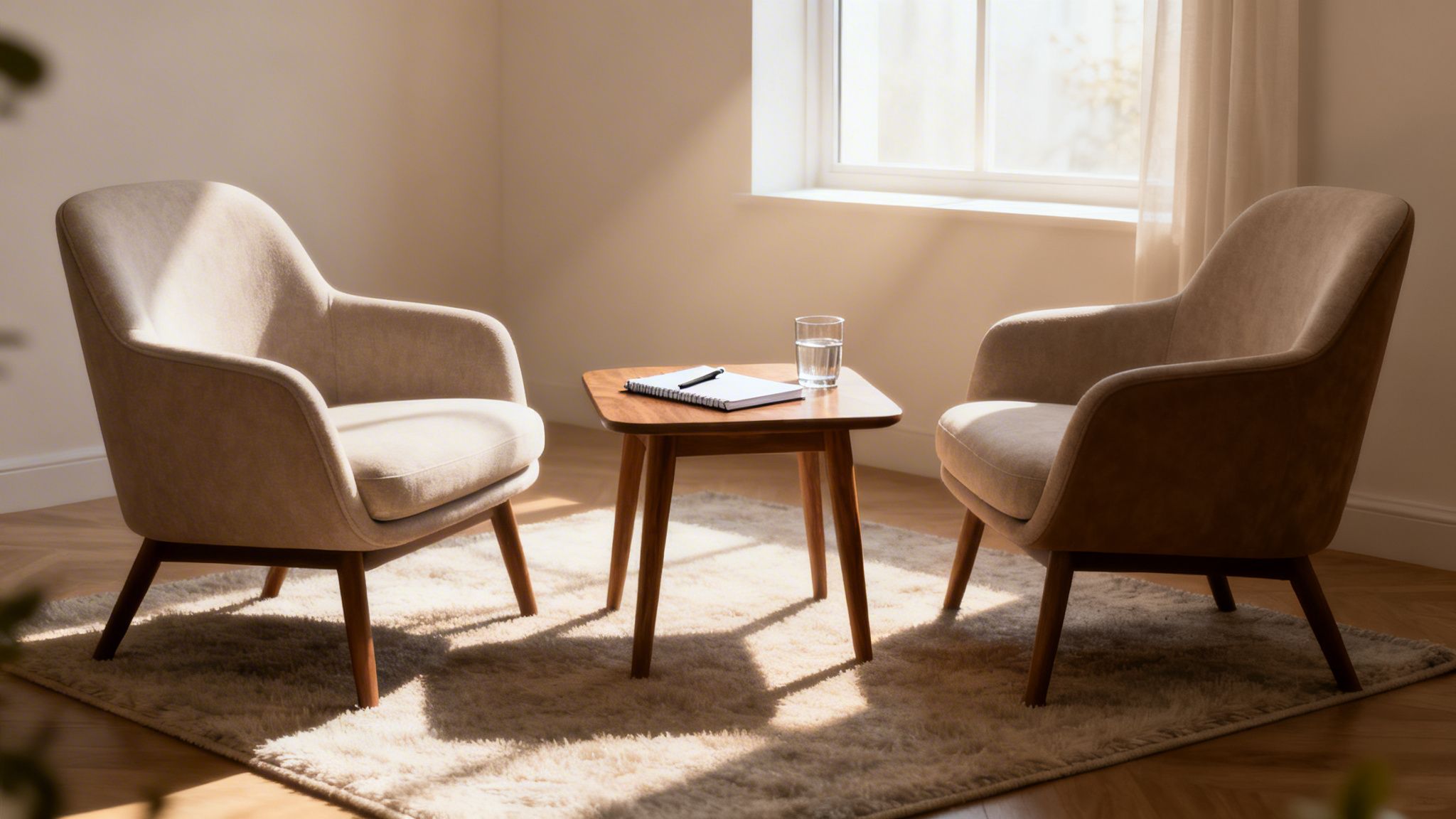 Two beige armchairs facing a small table with a notebook and water, suggesting a calm therapy room.