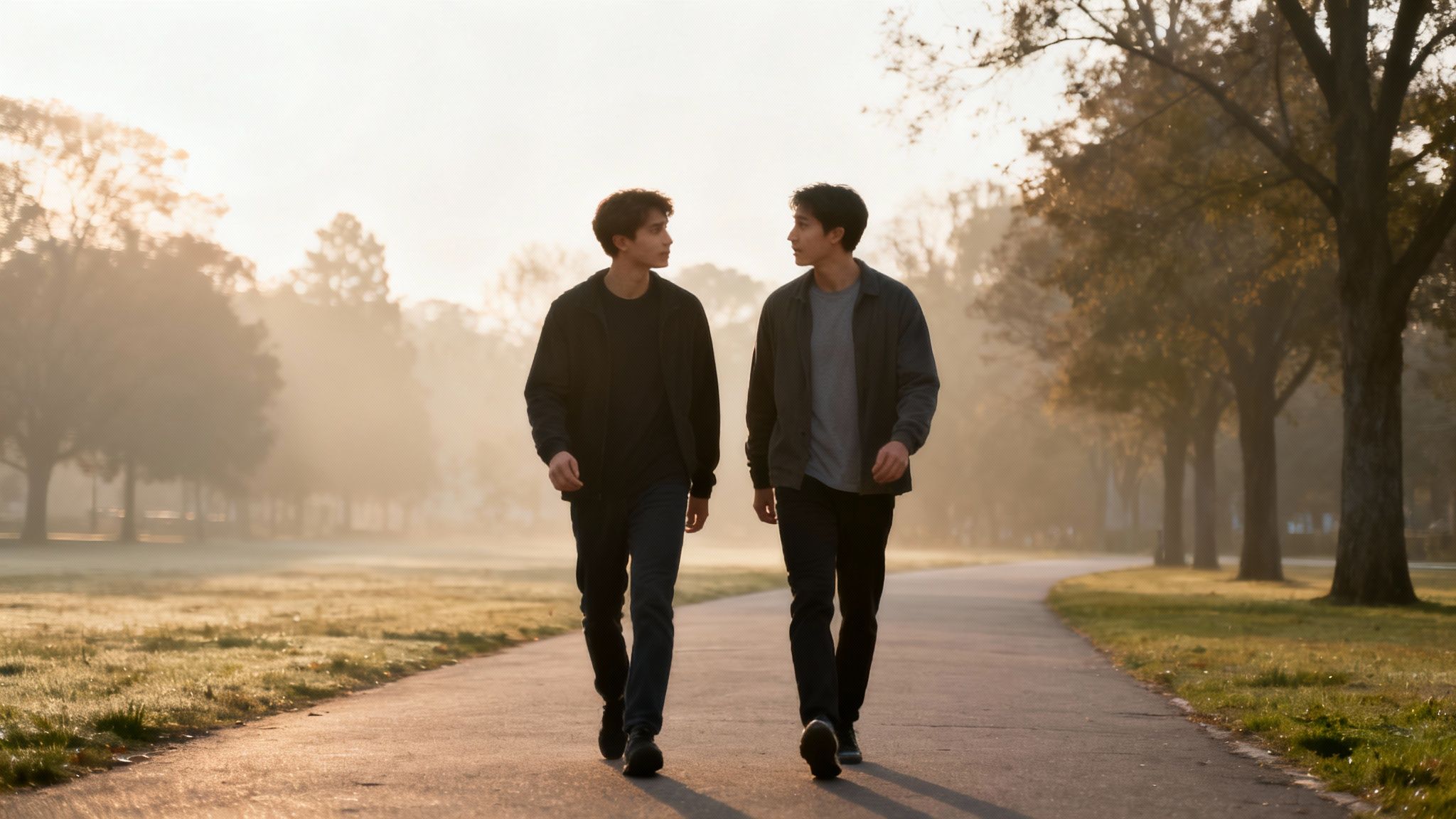 Two young men walk and talk on a misty park path during a golden sunrise.