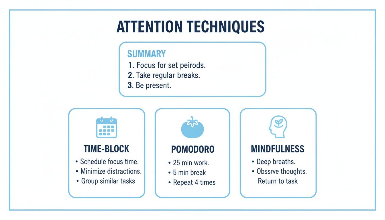 An infographic showing attention techniques like time-block, Pomodoro, and mindfulness for better focus.