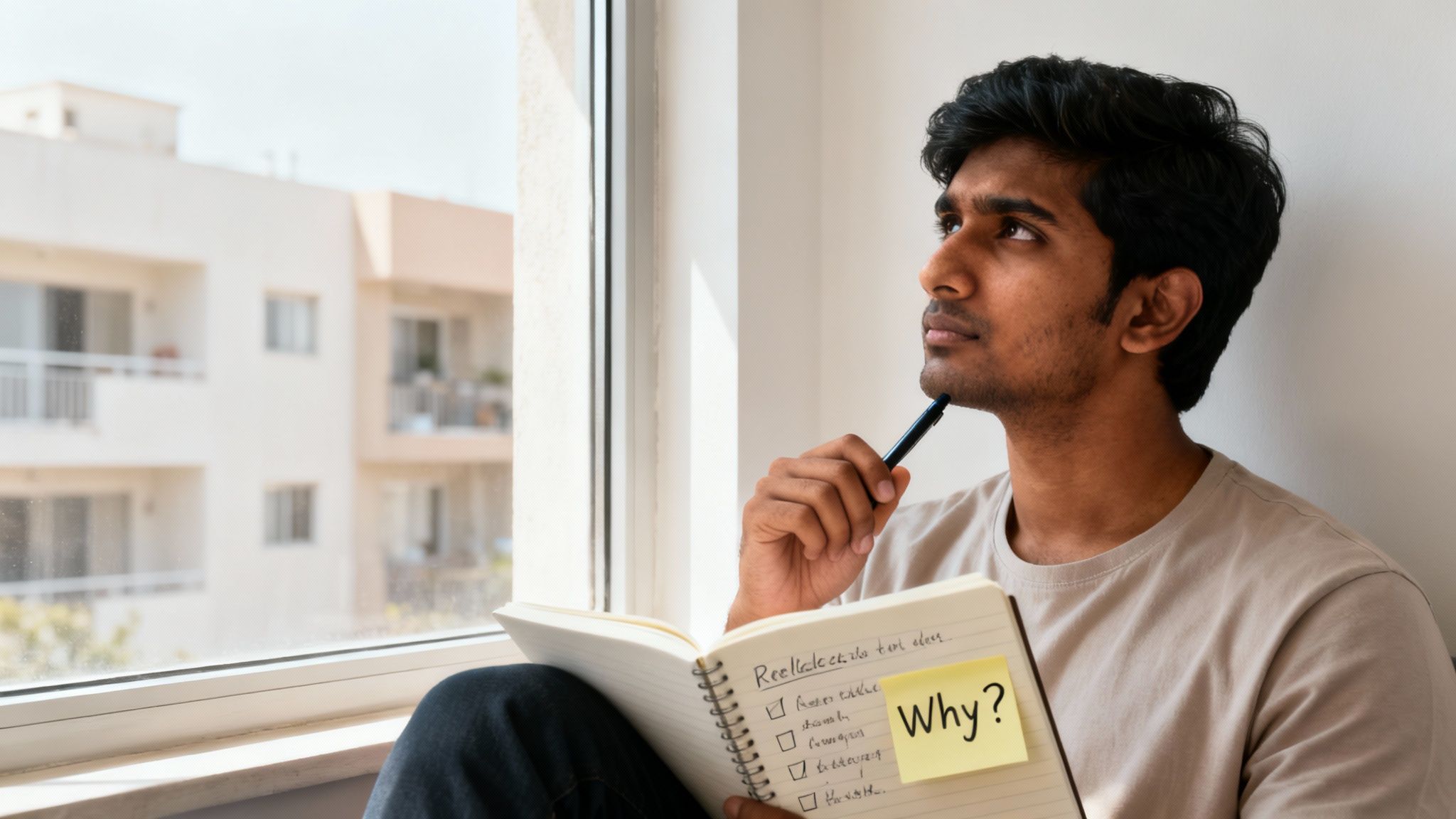 A thoughtful young man with a pen and notebook, looking out a window, questioning 'Why?'.