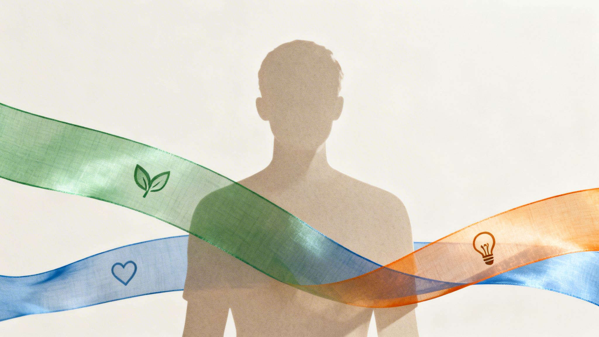 A person's silhouette with wavy ribbons featuring leaf, heart, and lightbulb icons, symbolizing growth.