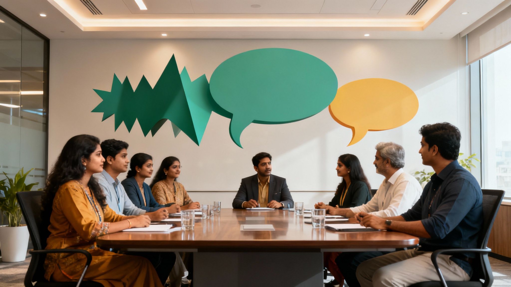 A diverse team of professionals engaged in a thoughtful discussion in a bright, modern meeting room.