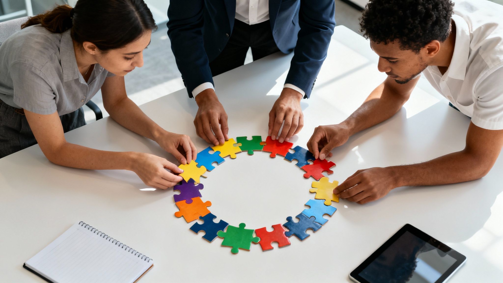 Diverse team collaborates to form a circle with colorful puzzle pieces, representing problem-solving and unity.