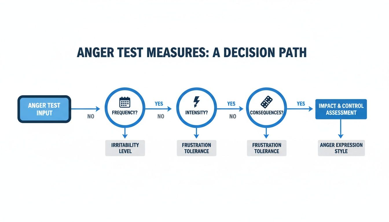 A flowchart illustrating anger test measures, detailing a decision path based on frequency, intensity, and consequences.