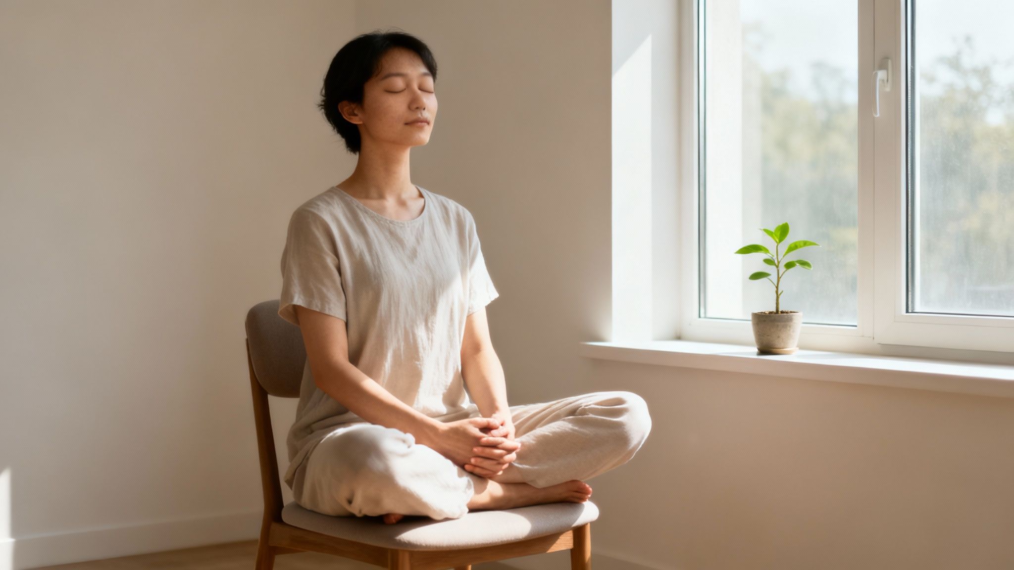A person sitting peacefully on a rock, looking out over a misty valley at sunrise, symbolizing self-reflection and well-being.