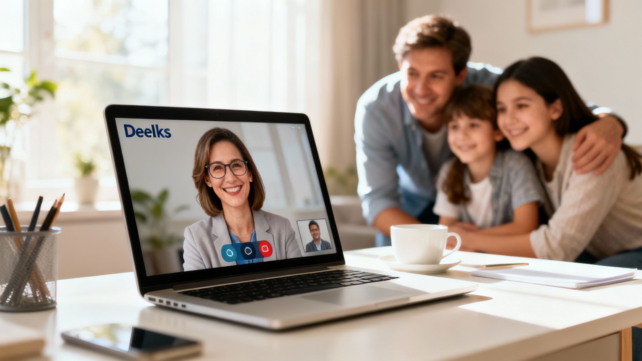A smiling family engaging in a virtual video call with a professional on a laptop.