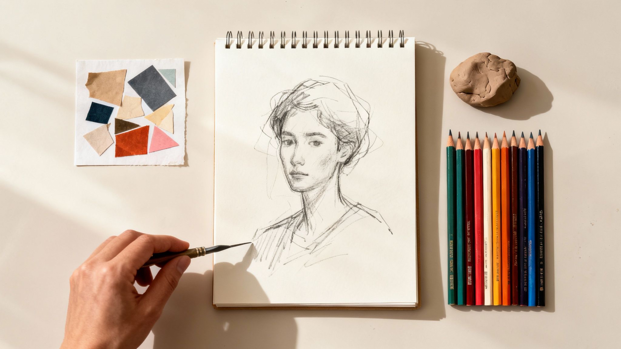 Artist's hand sketching a portrait in a sketchbook, surrounded by art supplies and a paper collage.