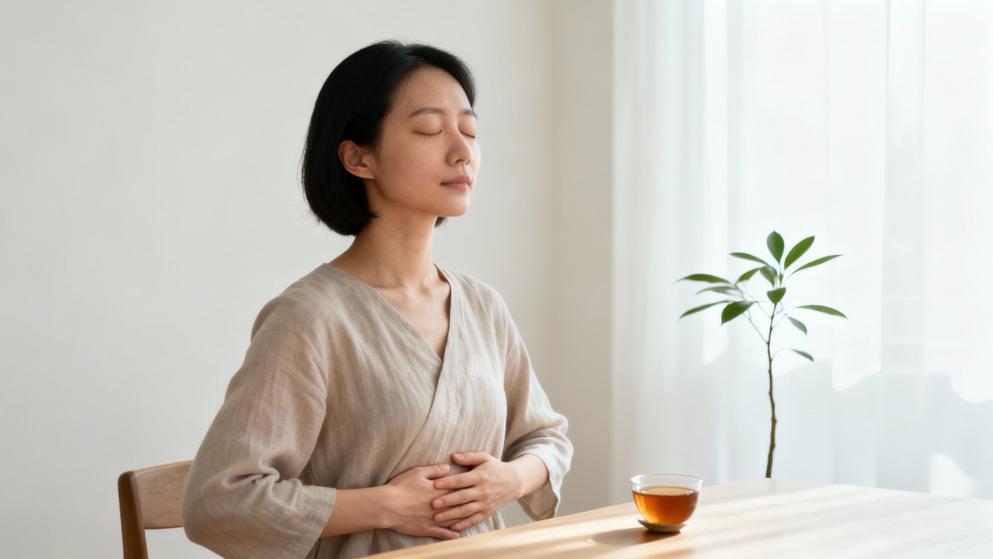 A calm Asian woman meditates with closed eyes, hands on belly, beside tea and a plant.