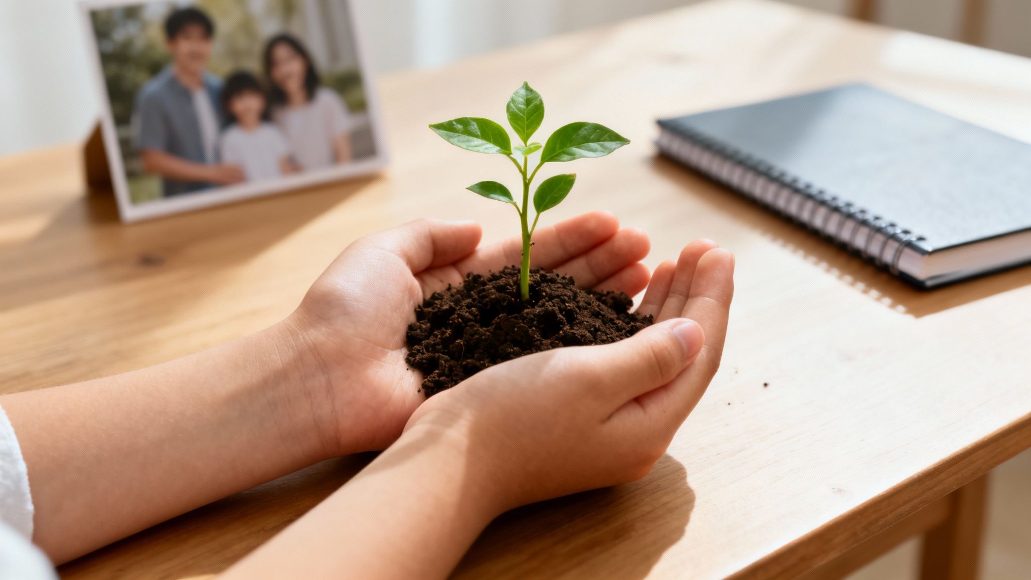 Child's hands holding a vibrant green seedling in soil, symbolizing growth and family future.