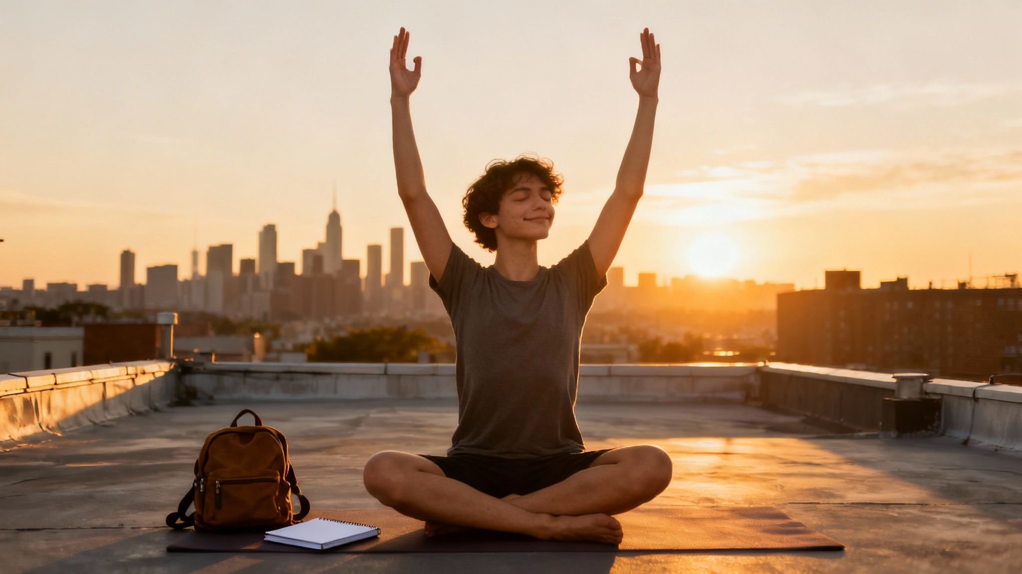 A person meditating on a yoga mat on a rooftop during a vibrant sunset over a city.