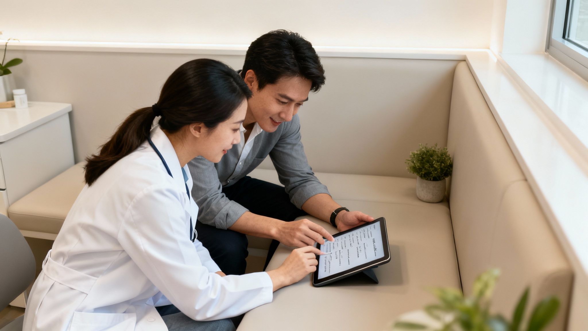 A female doctor and a male patient are sitting on a couch, discussing information on a digital tablet.
