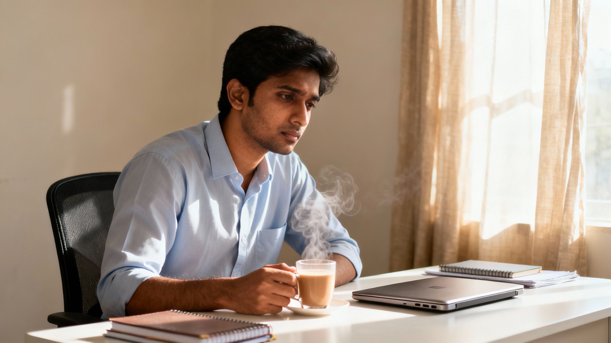 A thoughtful young man sips a steaming hot drink at his desk beside a laptop.