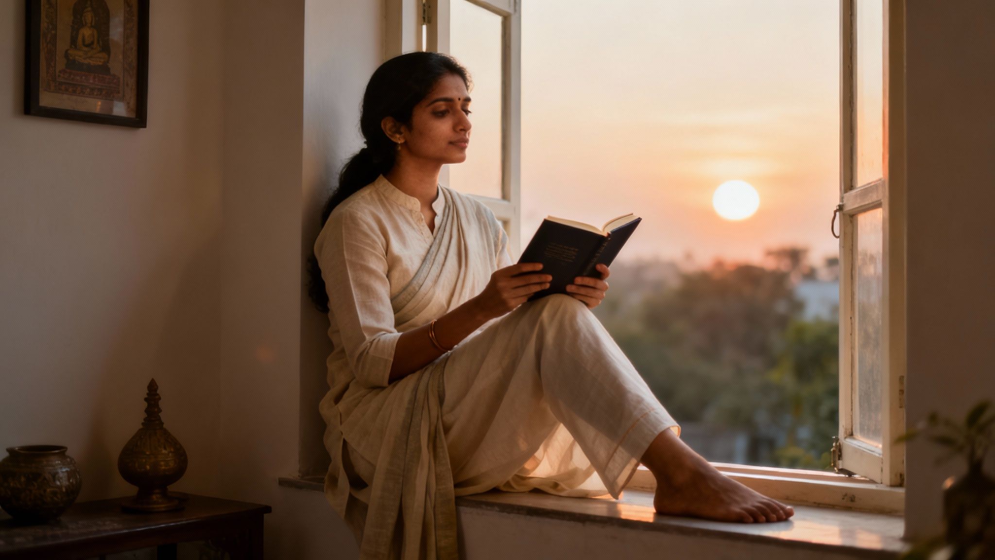 A person sitting on a window sill, looking out thoughtfully, symbolizing reflection and the need for closure.