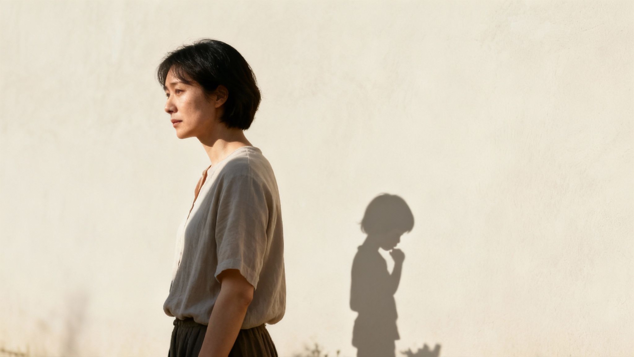 A thoughtful woman with short dark hair stands by a wall with a child's shadow.