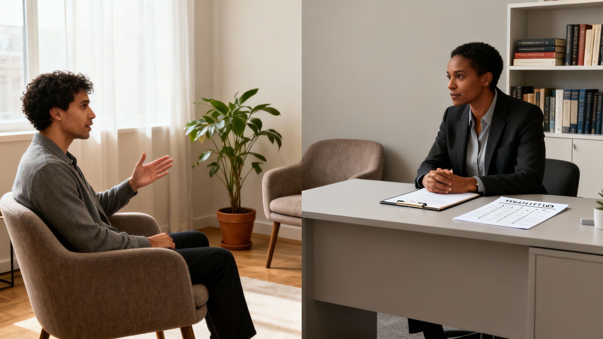 A man speaks and gestures to a woman sitting at a desk during a professional consultation.