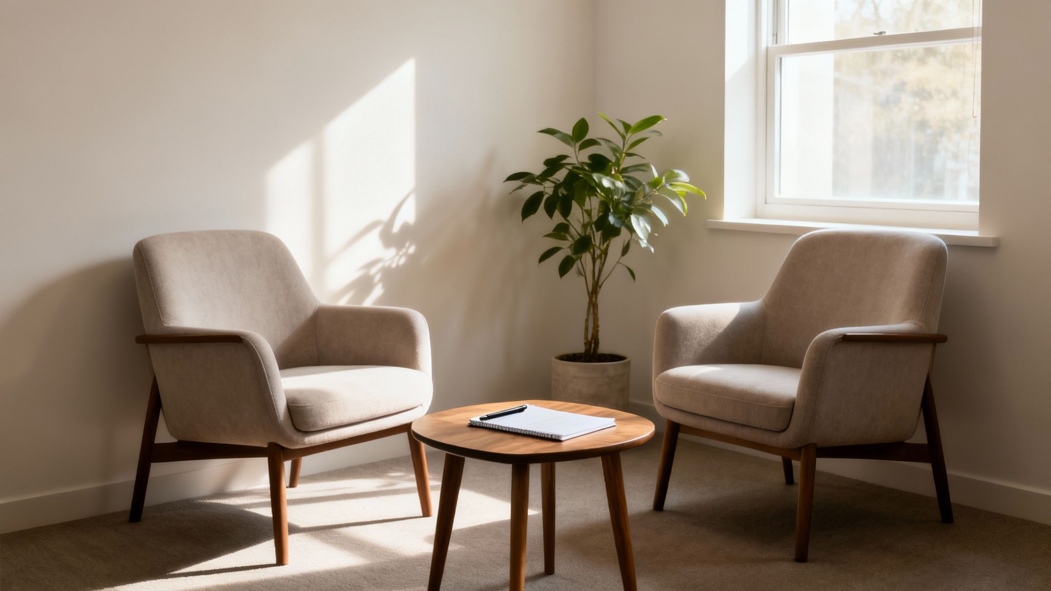 A serene counseling room with two light-colored armchairs, a wooden table, and a green plant.