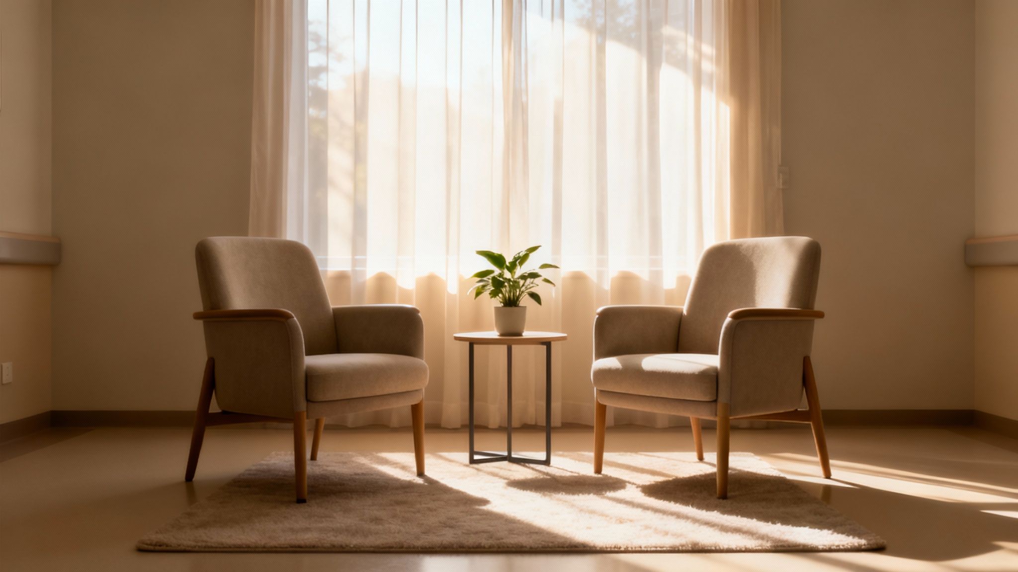 Two beige armchairs, a small table with a plant, and sunlit window create a peaceful room.