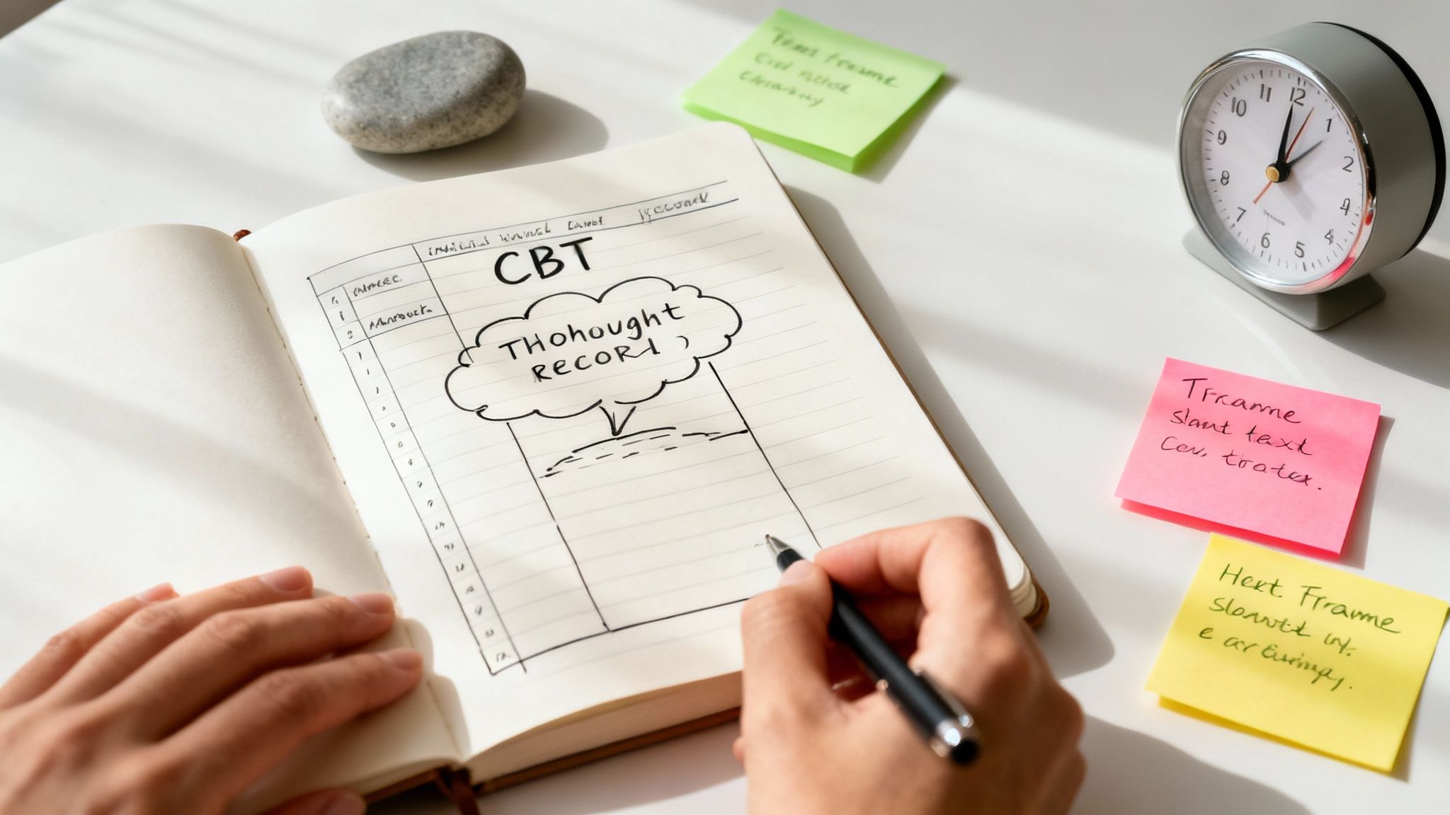 A person is writing a cognitive behavioral therapy (CBT) thought record in a notebook on a white desk.