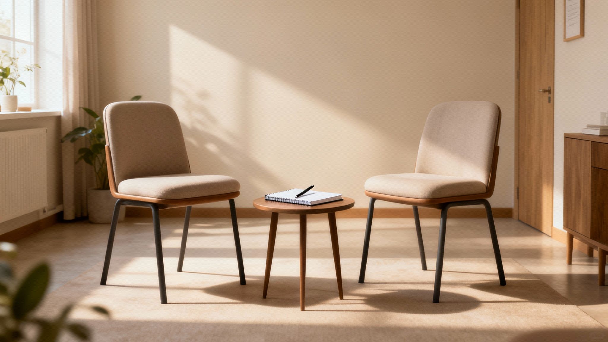 A compassionate therapist sitting opposite a person in a comfortable, sunlit room, engaged in a supportive conversation.