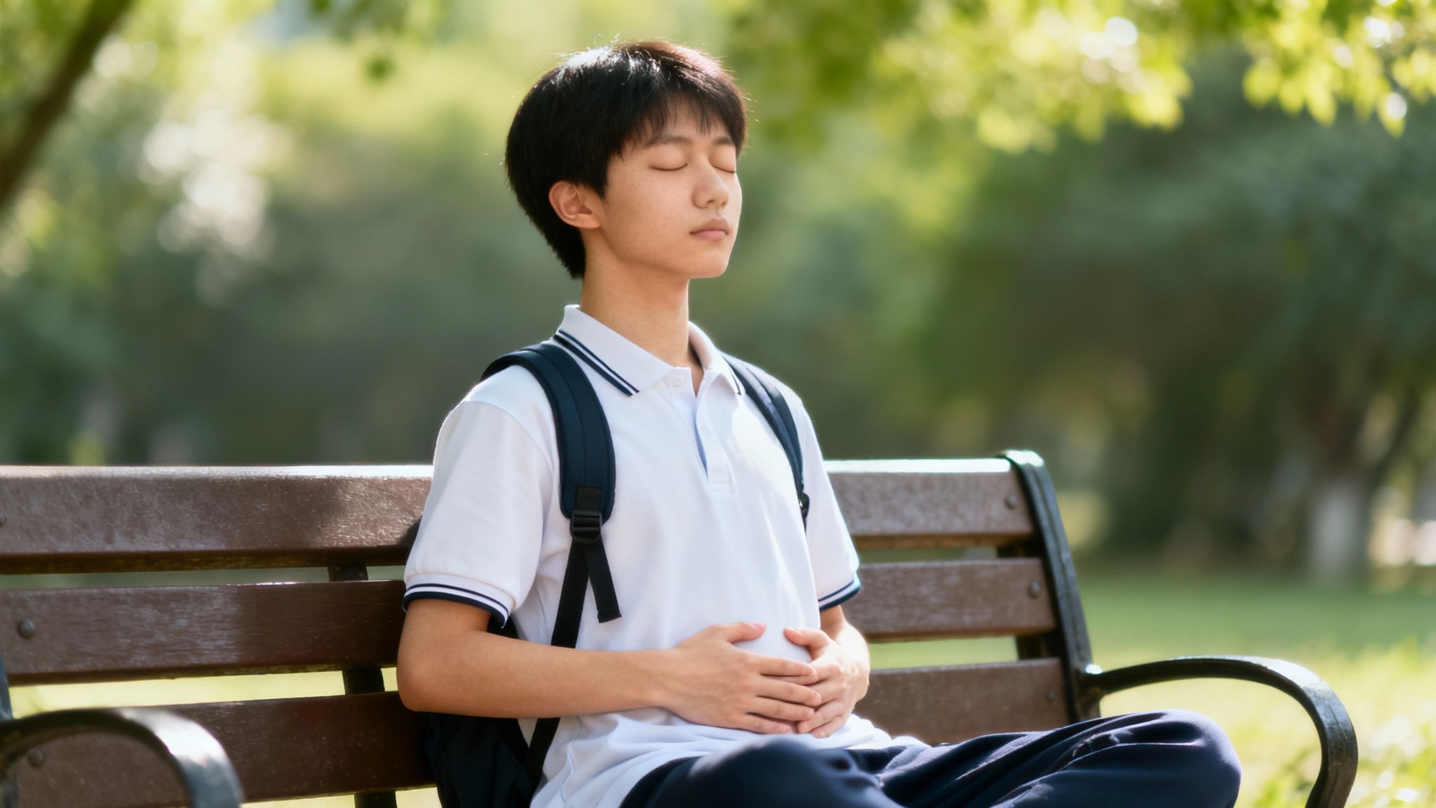 Asian student in school uniform sitting on park bench practicing meditation and breathing exercises