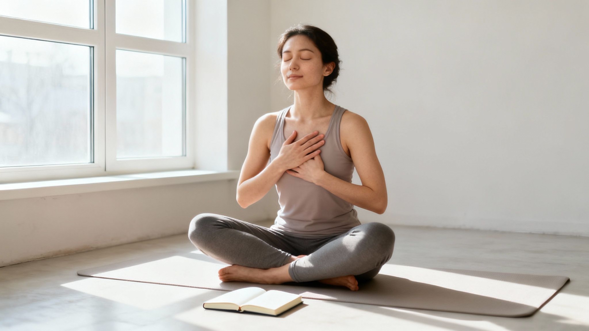 A person practising a gentle, compassionate yoga pose indoors, with soft light creating a calm atmosphere.