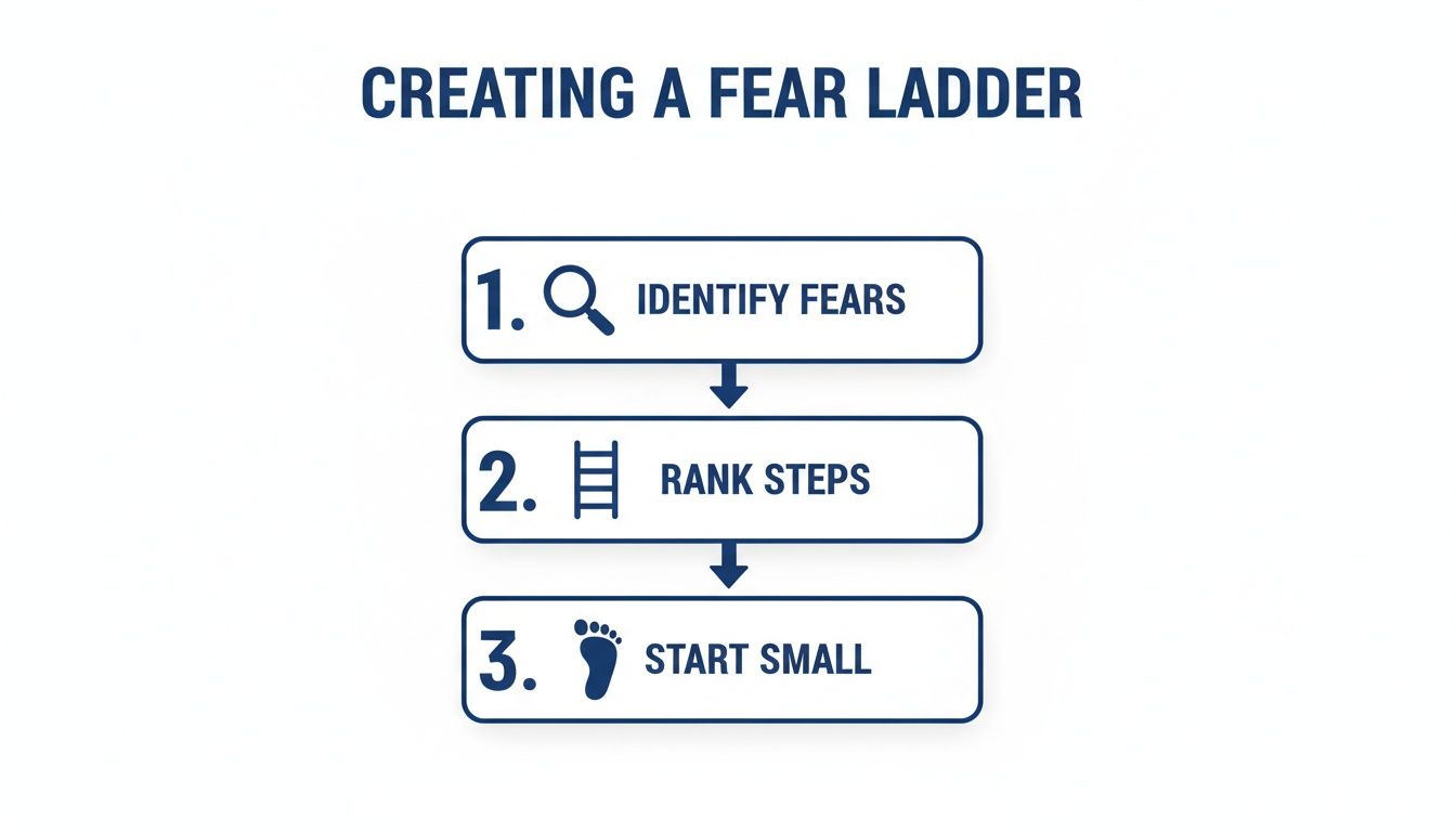 A three-step guide on creating a fear ladder: identify fears, rank steps, and start small.