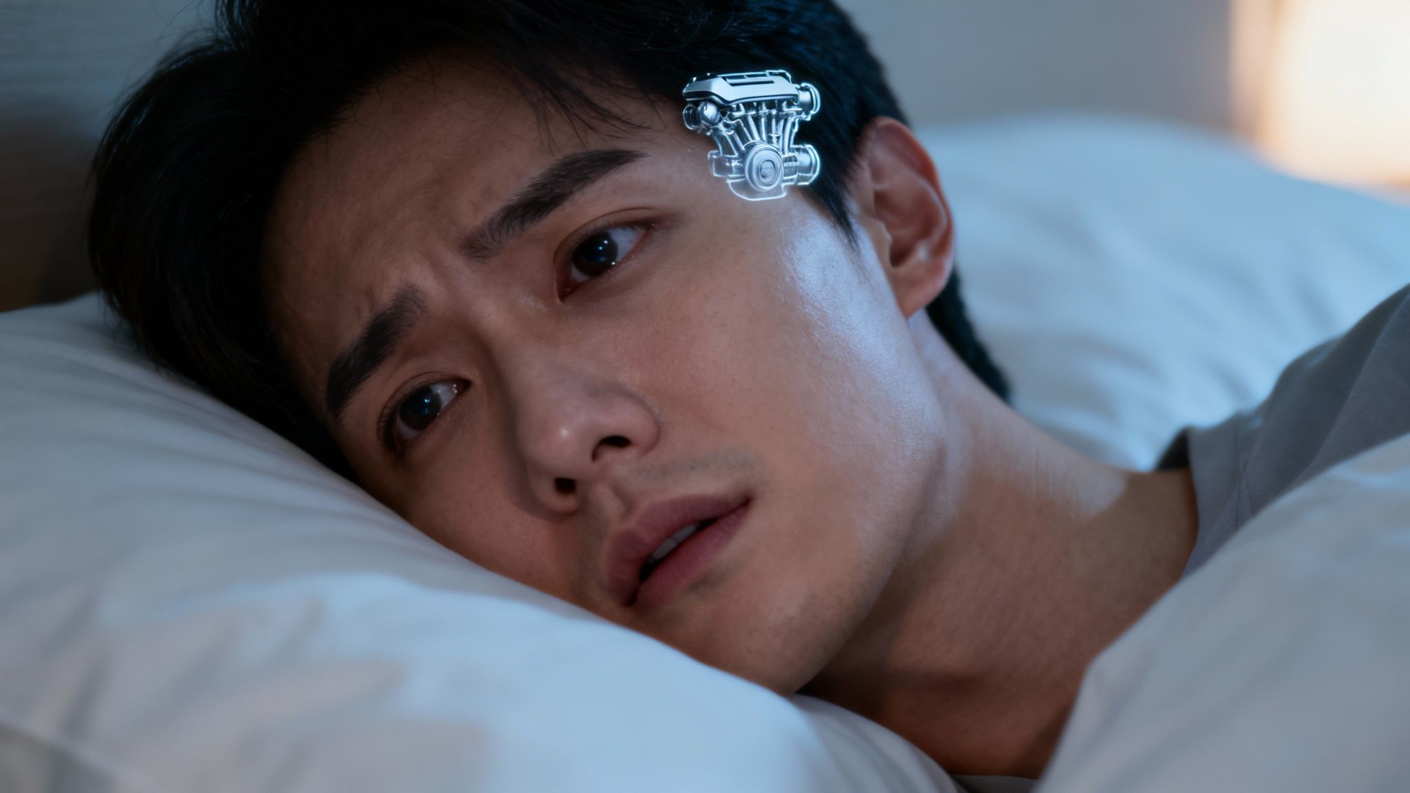 A worried man lies in bed with a glowing engine hologram on his temple, symbolizing overthinking.