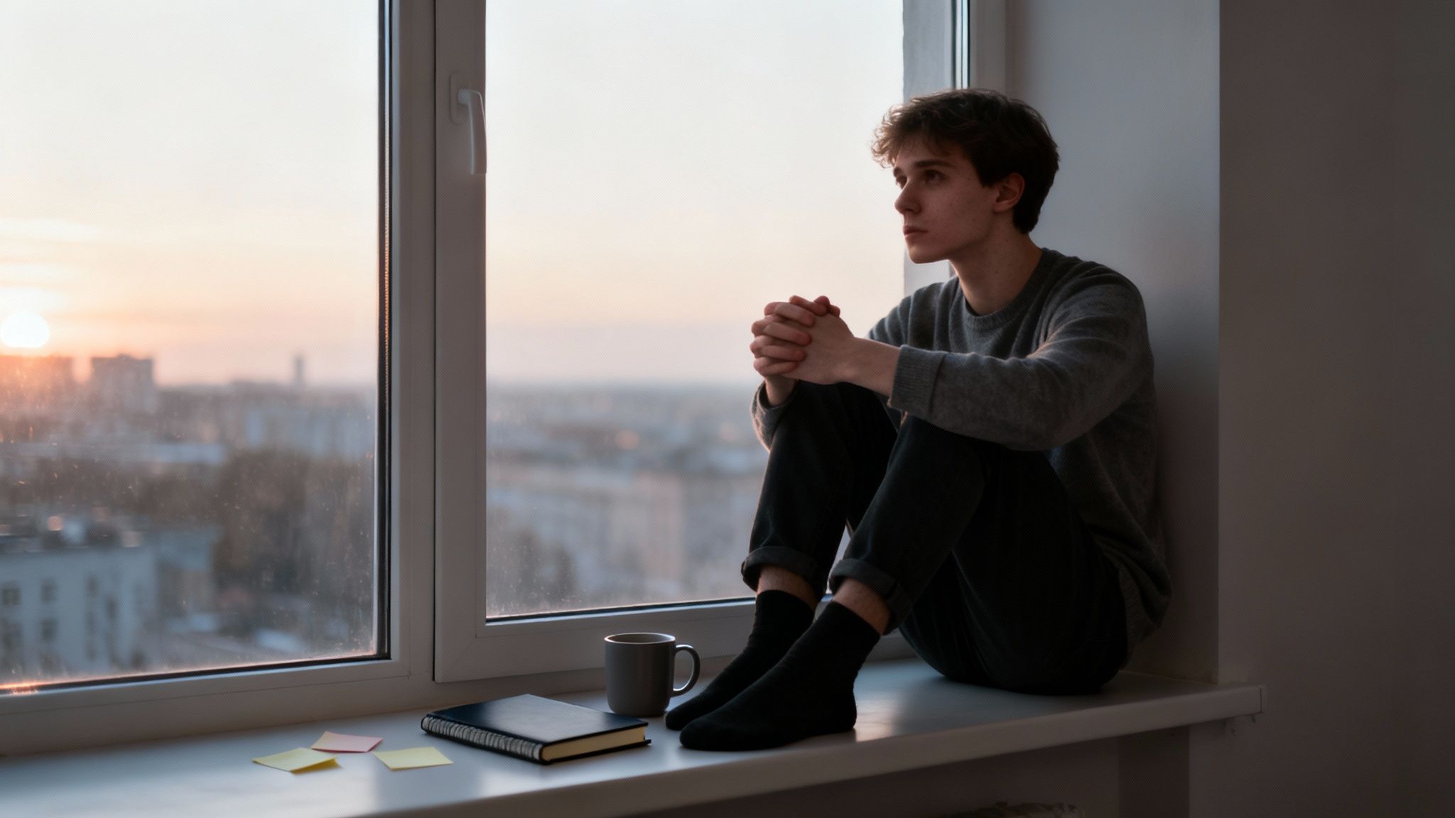 A pensive young man sits on a window sill, looking out at a city sunset with a mug and notebook.