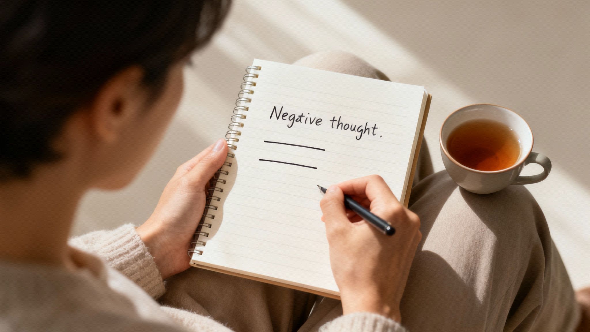 A person looking out a window, calmly reframing their thoughts.