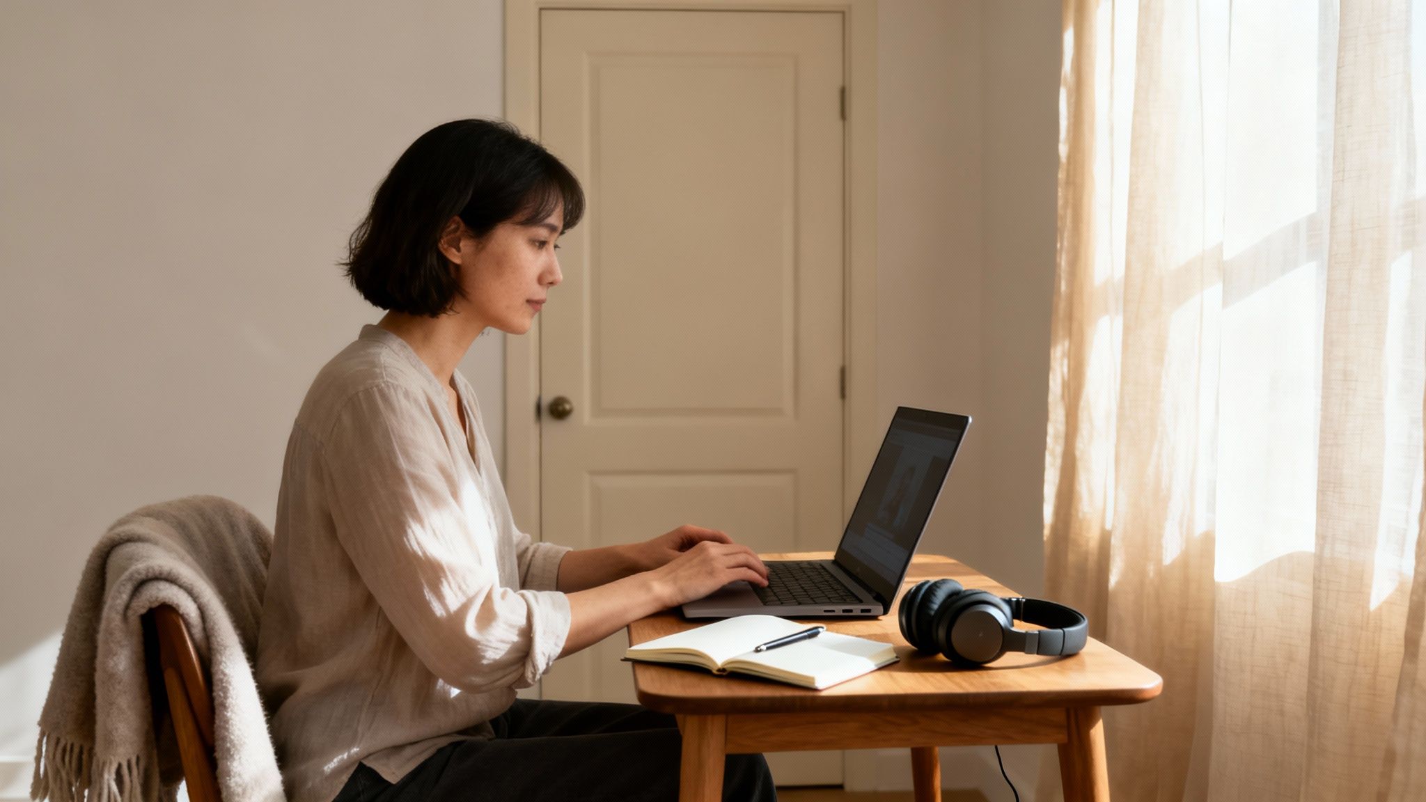A woman with short dark hair works focused on a laptop at a wooden desk, illuminated by natural light.