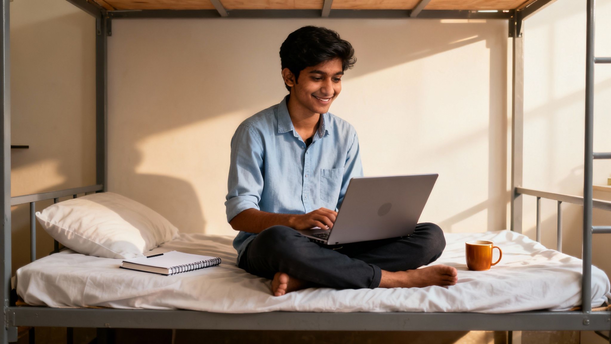 A smiling young man studies on his laptop while sitting cross-legged on a bunk bed in a dorm.