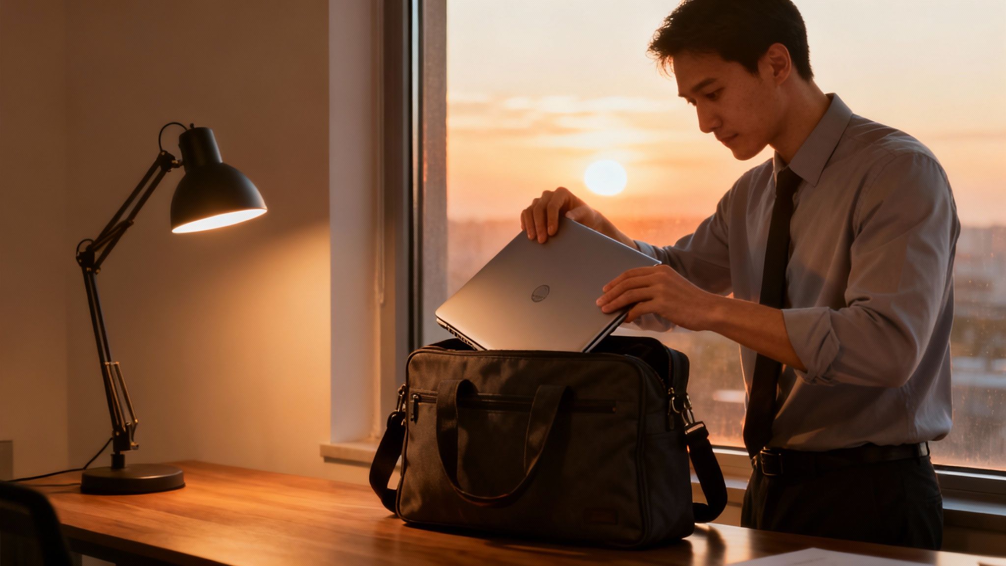 A person is shown recharging by taking a break in a serene, natural setting away from their desk.